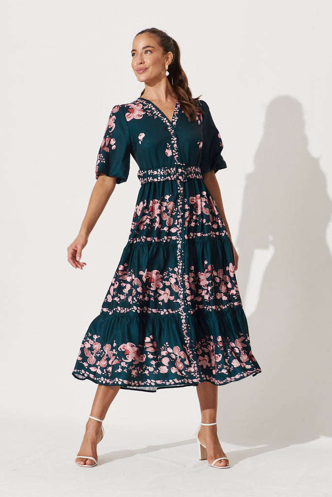 Piper Midi Dress In Green With Blush Floral - full length
