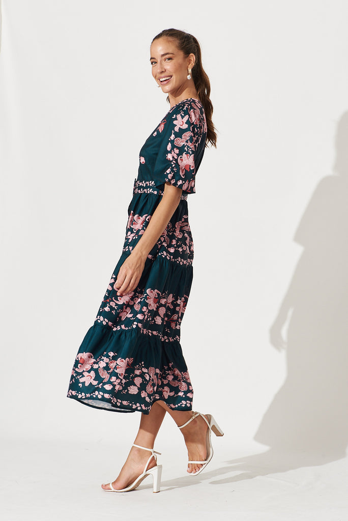 Piper Midi Dress In Green With Blush Floral - side