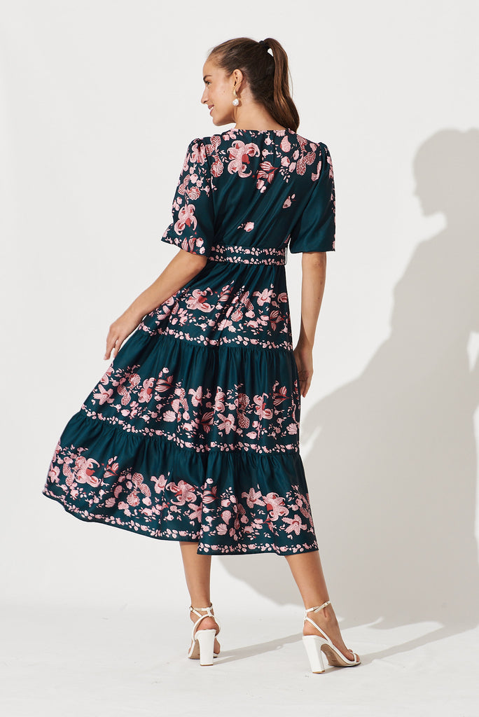 Piper Midi Dress In Green With Blush Floral - back