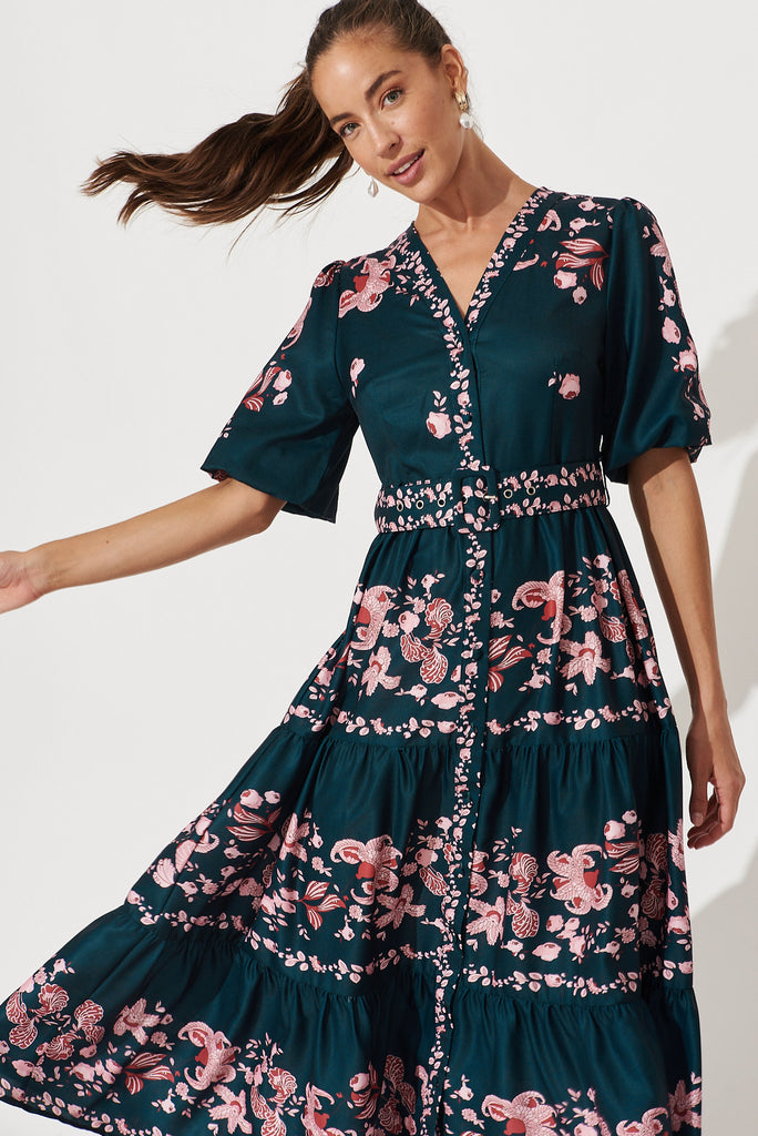 Piper Midi Dress In Green With Blush Floral - front