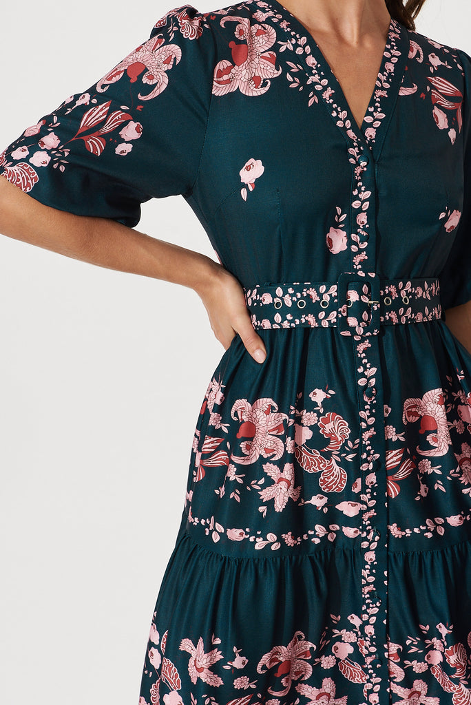 Piper Midi Dress In Green With Blush Floral - detail