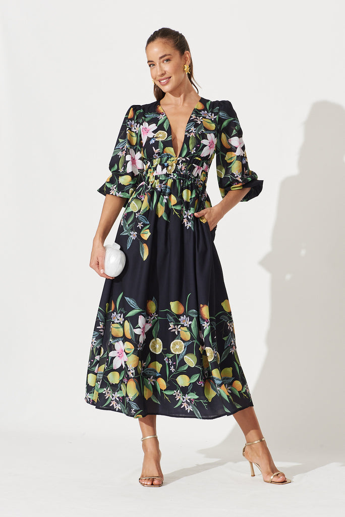 Camie Maxi Dress In Black With Yellow Print - full length
