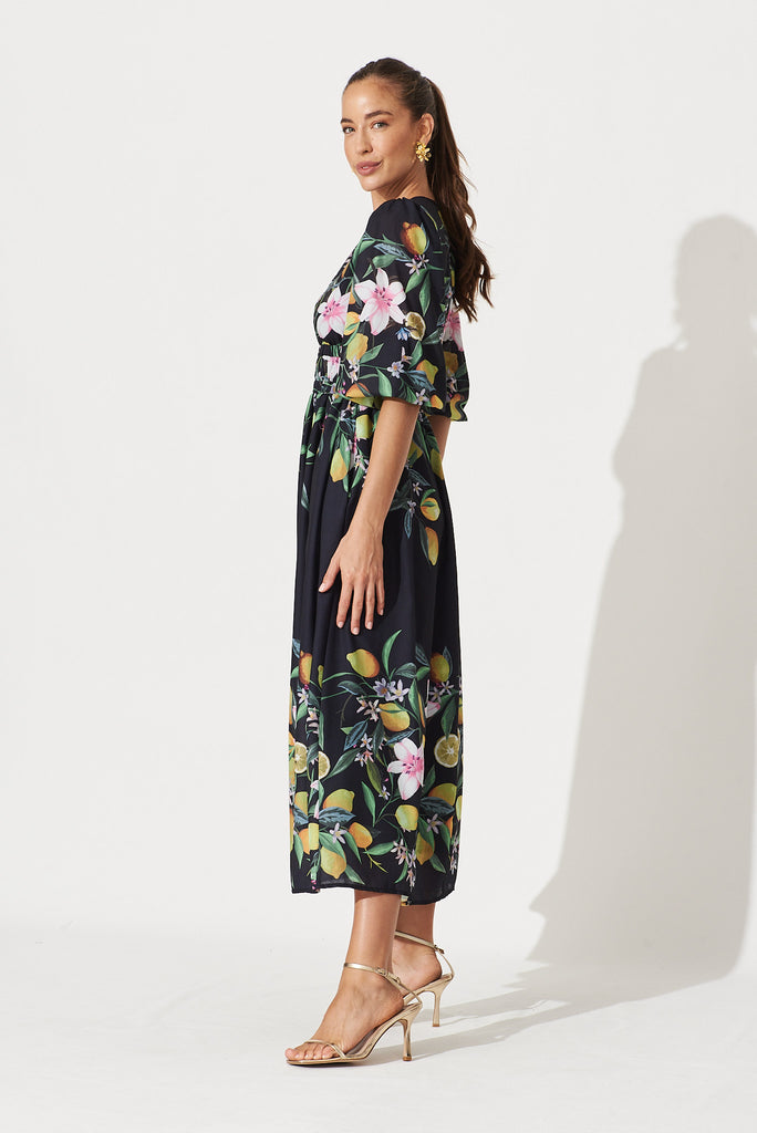 Camie Maxi Dress In Black With Yellow Print - side