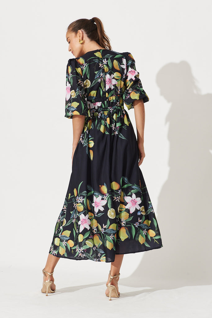 Camie Maxi Dress In Black With Yellow Print - back