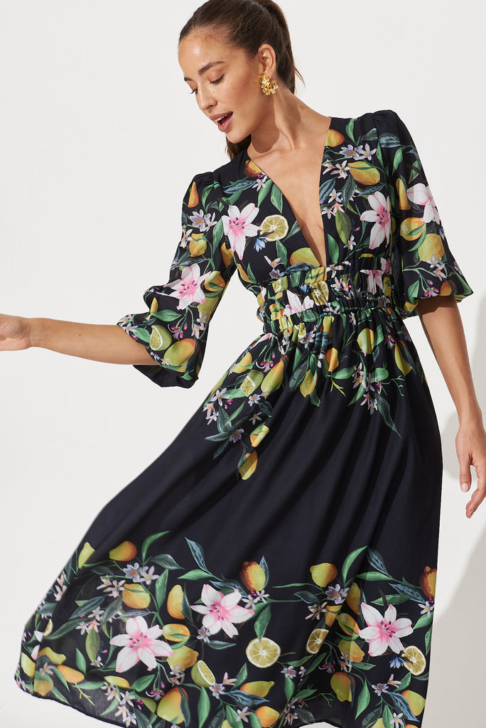Camie Maxi Dress In Black With Yellow Print - front