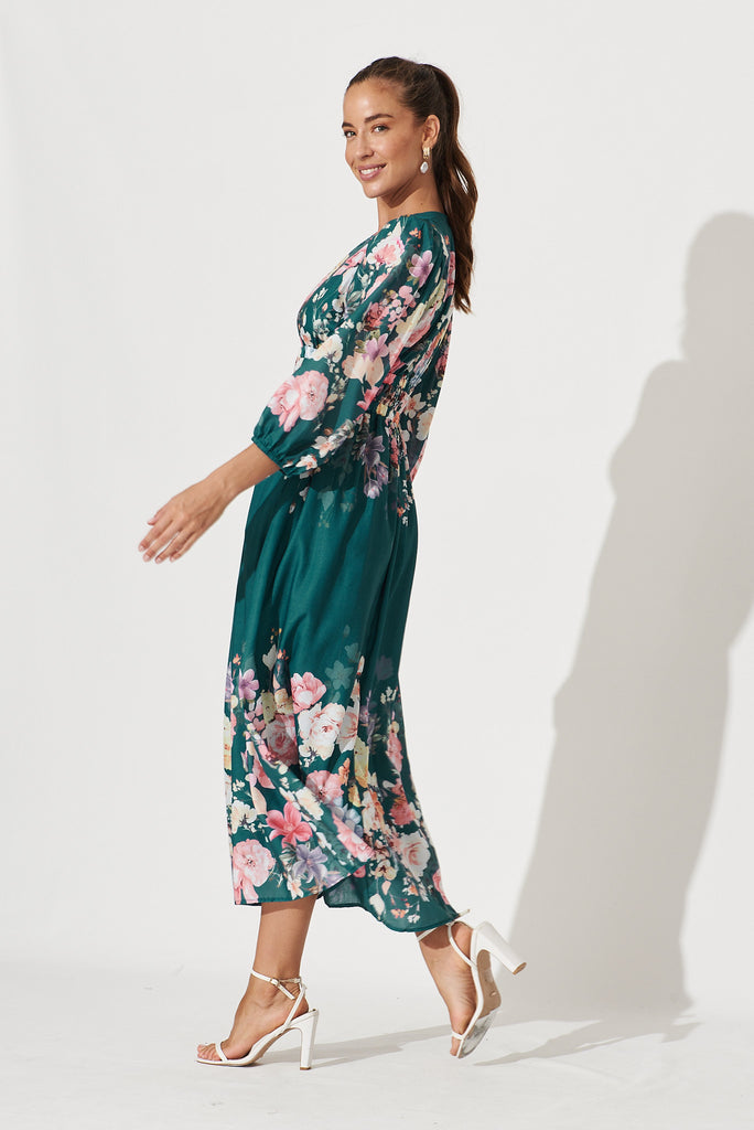 Camie Maxi Dress In Teal With Orange Floral - side