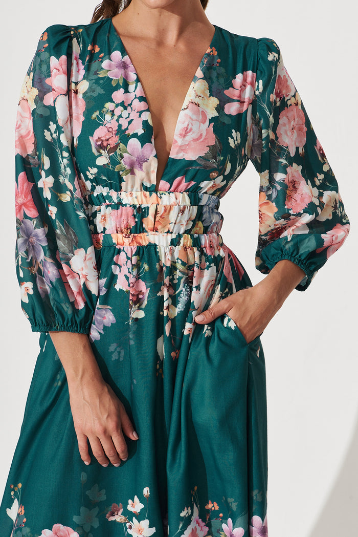 Camie Maxi Dress In Teal With Orange Floral - detail