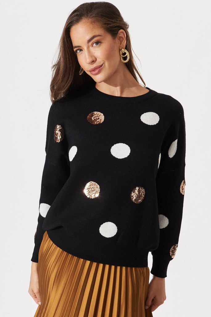 Almeria Knit In Black With Sequin Spot Wool Blend - front