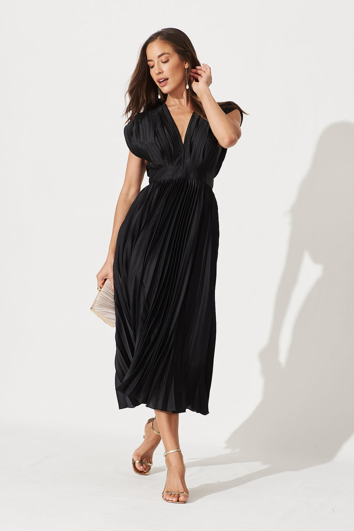 mairee black satin pleated midi dress 21Six EIRA Black SILK SATIN PLEATED MIDI DRESS