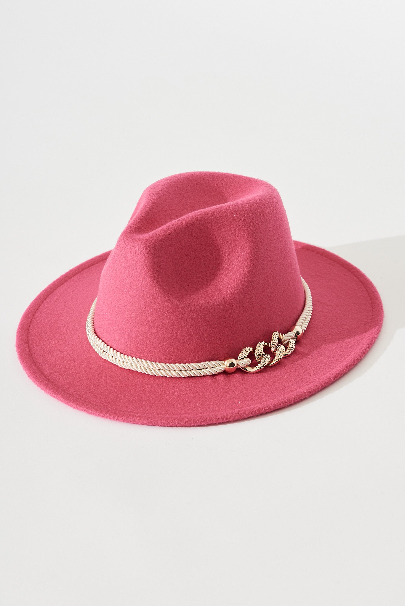 August + Delilah Montpellier Fedora In Hot Pink With Gold Trim - flatlay