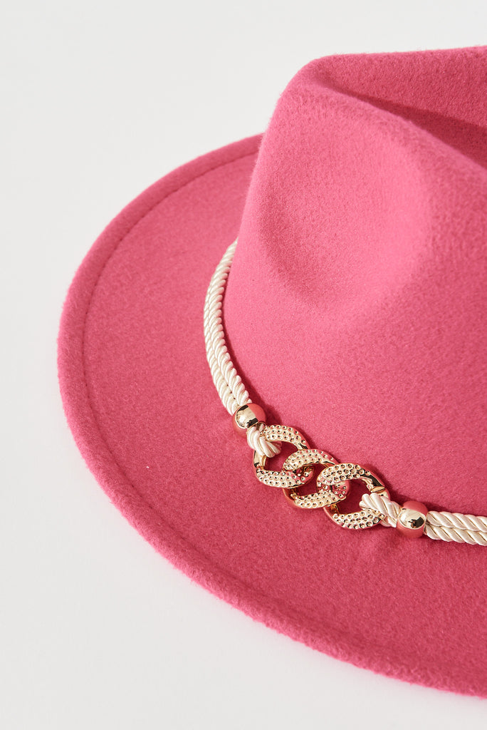 August + Delilah Montpellier Fedora In Hot Pink With Gold Trim - detail