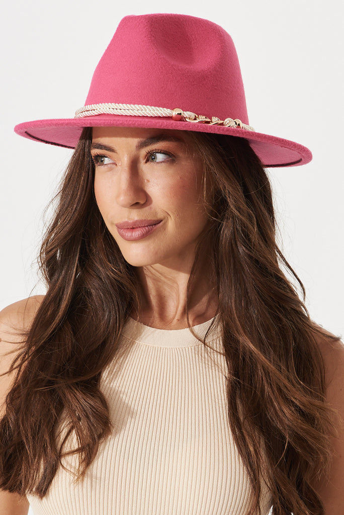 August + Delilah Montpellier Fedora In Hot Pink With Gold Trim - front