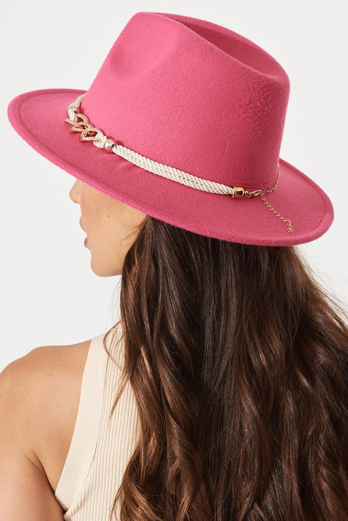 August + Delilah Montpellier Fedora In Hot Pink With Gold Trim - back