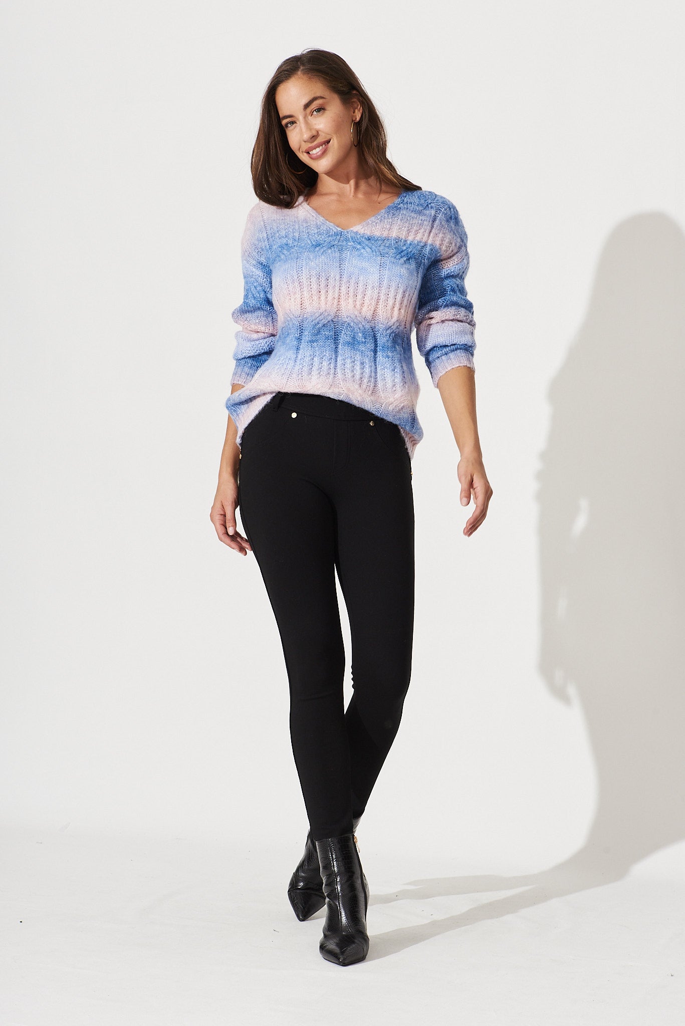 Putria Cable Knit In Blue With Pink Wool Blend - full length