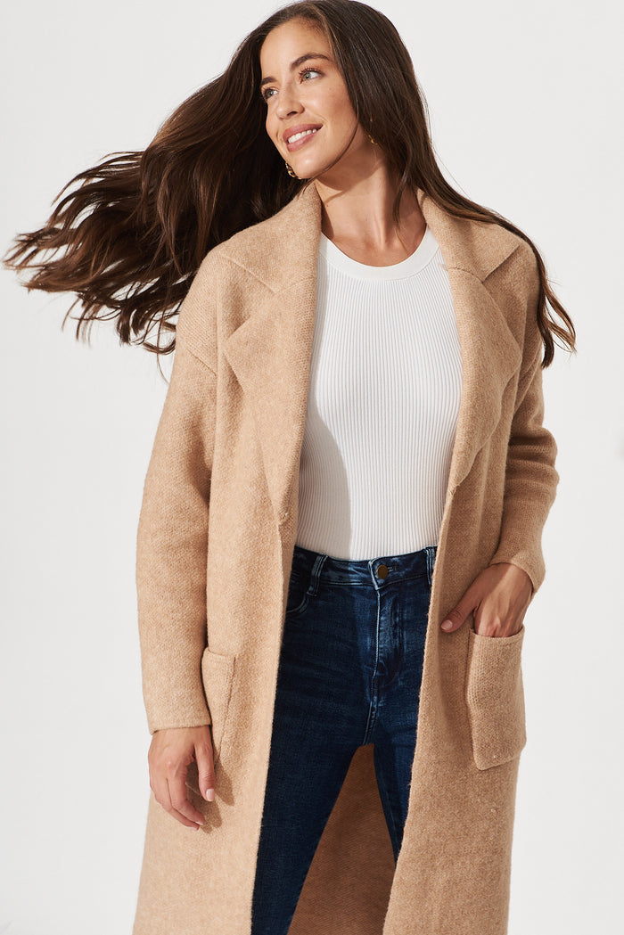 St Ives Coatigan In Brown Wool Blend - front