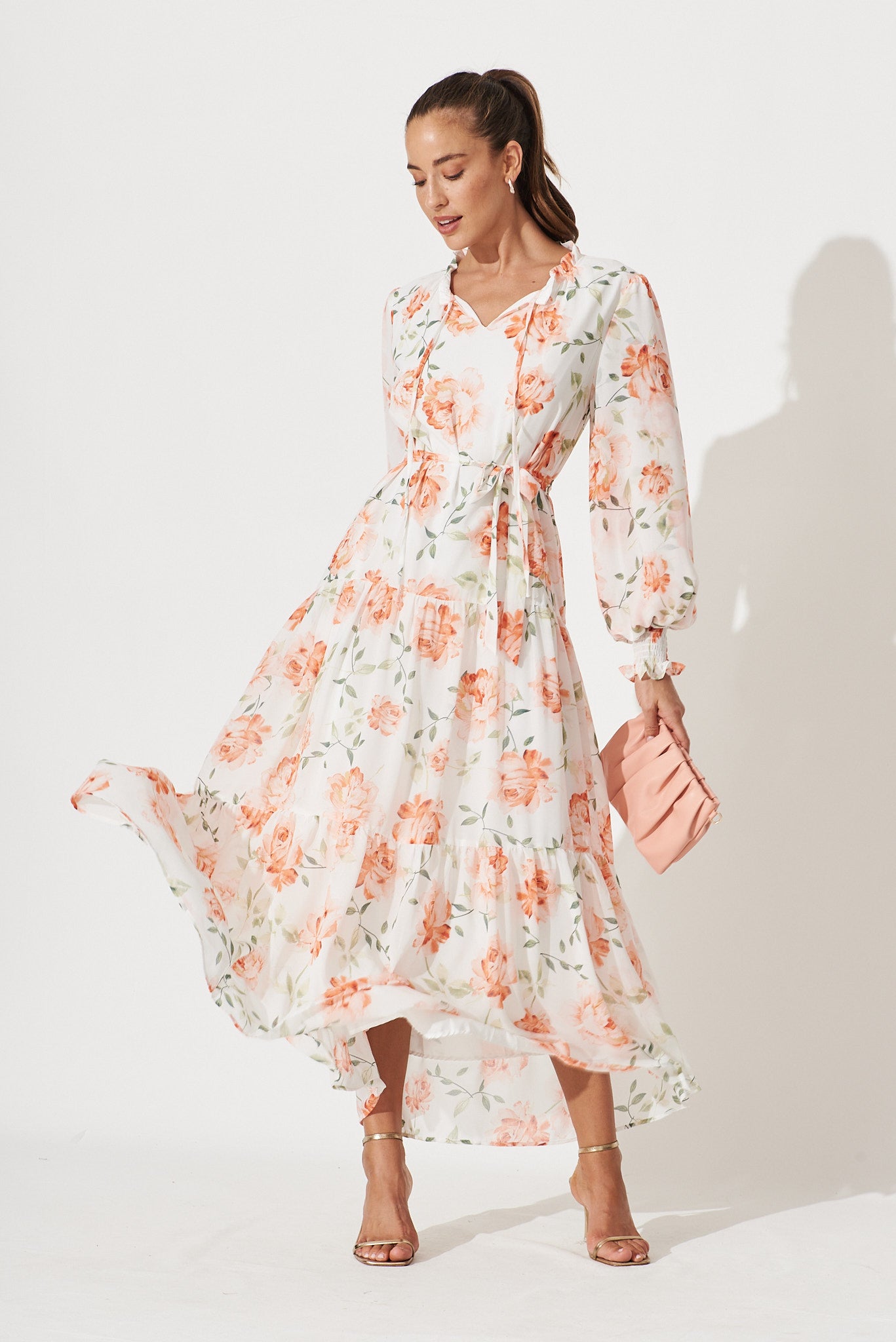 Beauty Point Maxi Smock Dress In White With Peach Floral Chiffon - full length