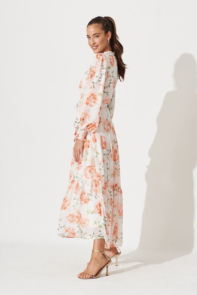 Beauty Point Maxi Smock Dress In White With Peach Floral Chiffon - side