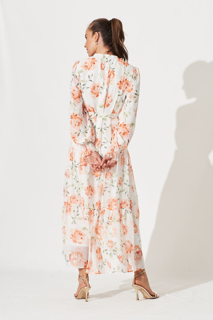Beauty Point Maxi Smock Dress In White With Peach Floral Chiffon - back
