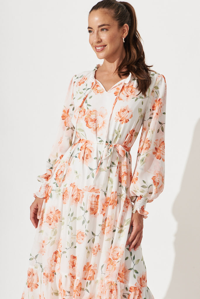 Beauty Point Maxi Smock Dress In White With Peach Floral Chiffon - front