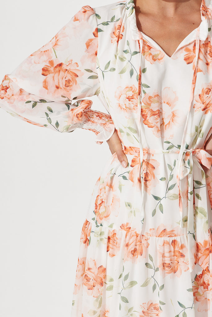 Beauty Point Maxi Smock Dress In White With Peach Floral Chiffon - detail