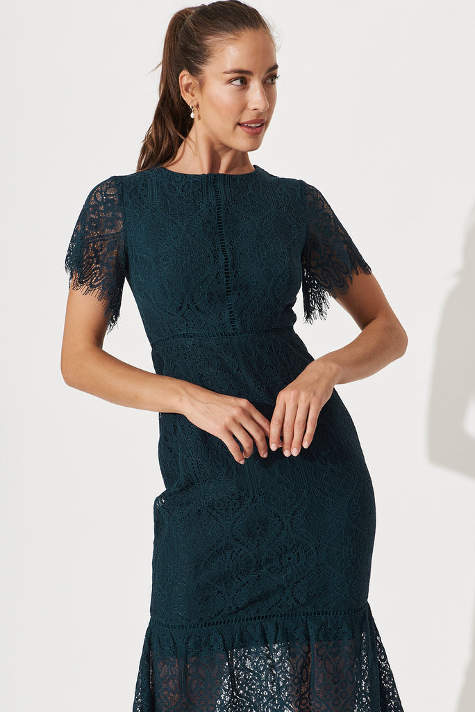 Zelda Midi Dress In Teal Lace - front