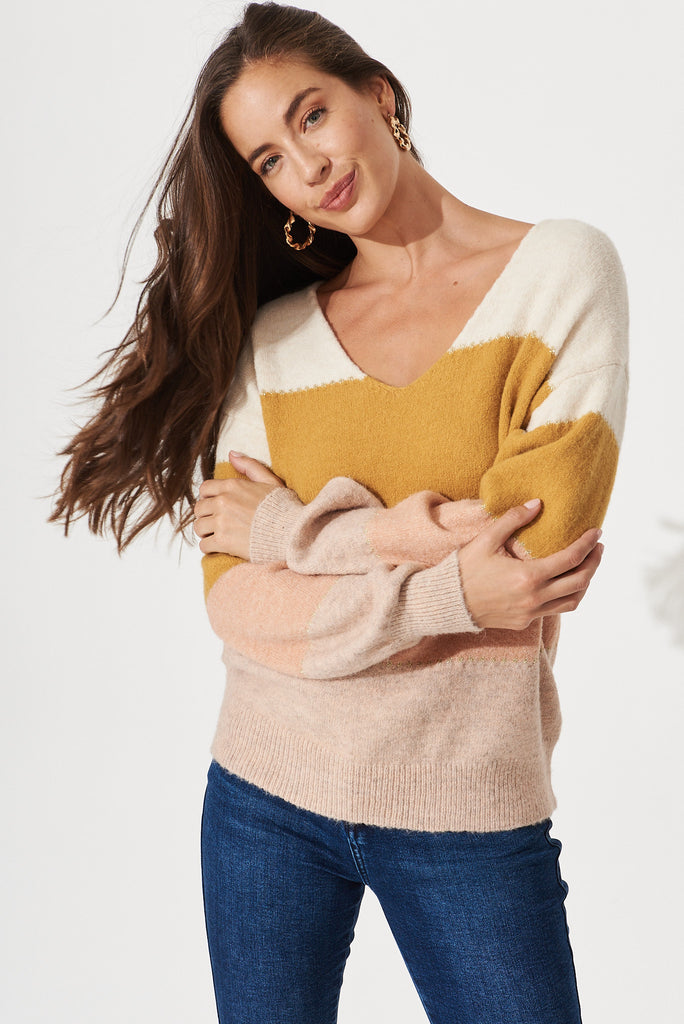 Raiza Colourblock Knit In Yellow With Multi Wool Blend - front