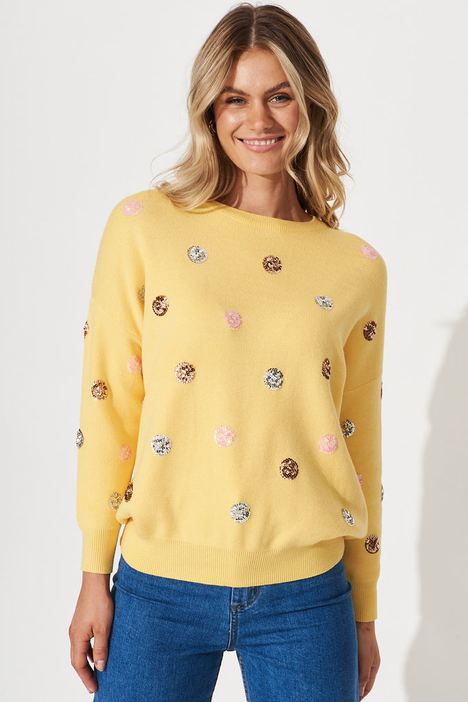 Snowdrop Knit In Yellow Sequin Spot Wool Blend - front
