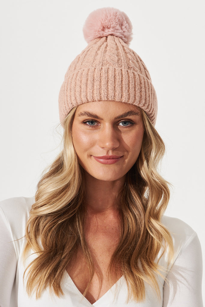 August + Delilah Trace Knit Beanie In Baby Pink With Pom Pom - front