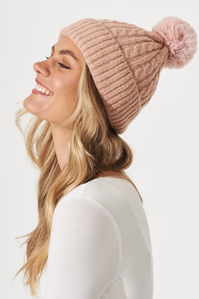 August + Delilah Trace Knit Beanie In Baby Pink With Pom Pom - side