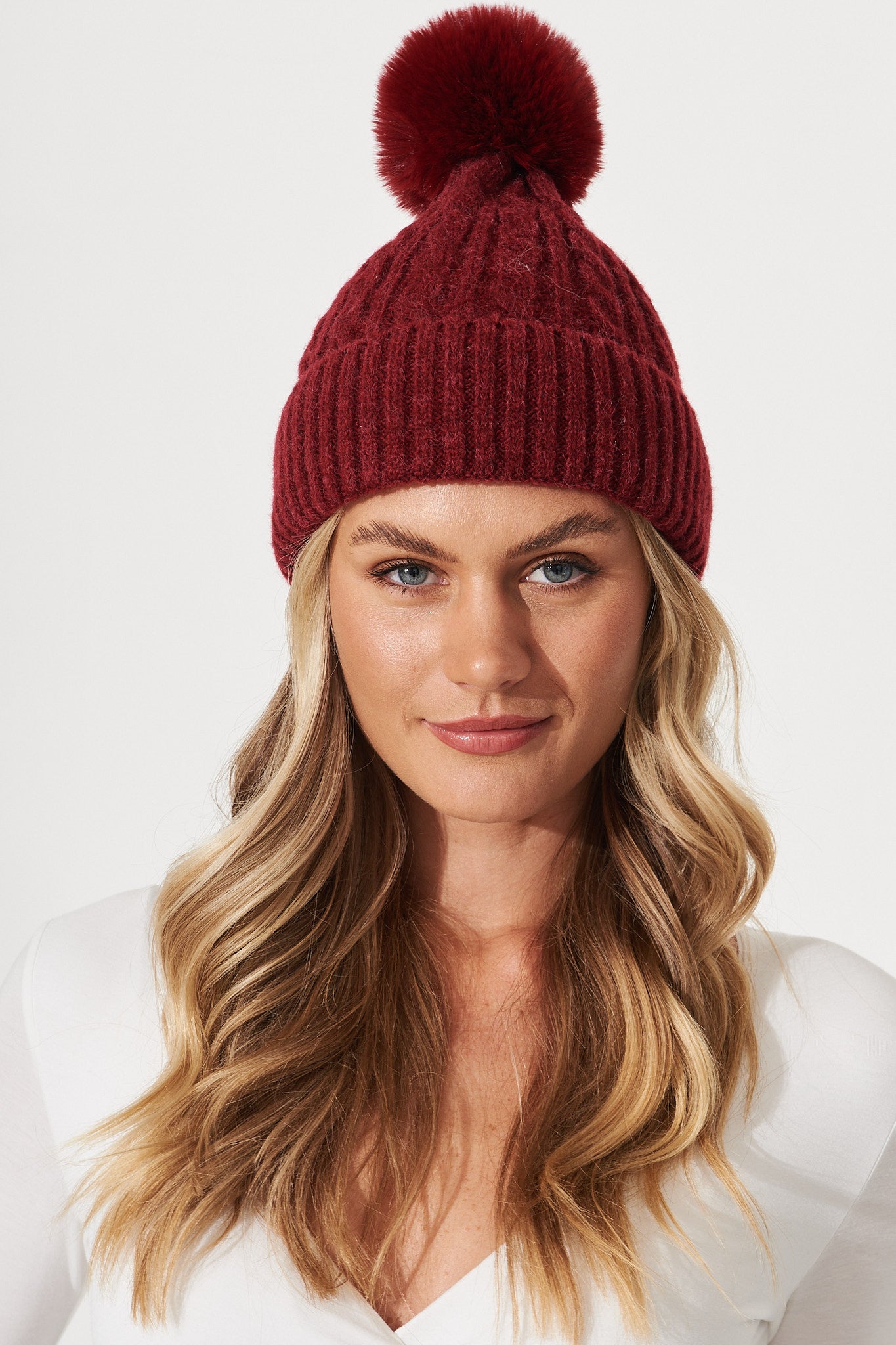 August + Delilah Trace Knit Beanie In Fuchsia With Pom Pom - front