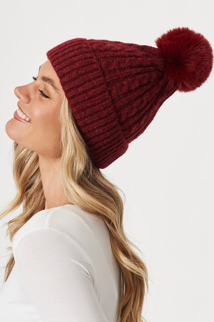 August + Delilah Trace Knit Beanie In Fuchsia With Pom Pom - side