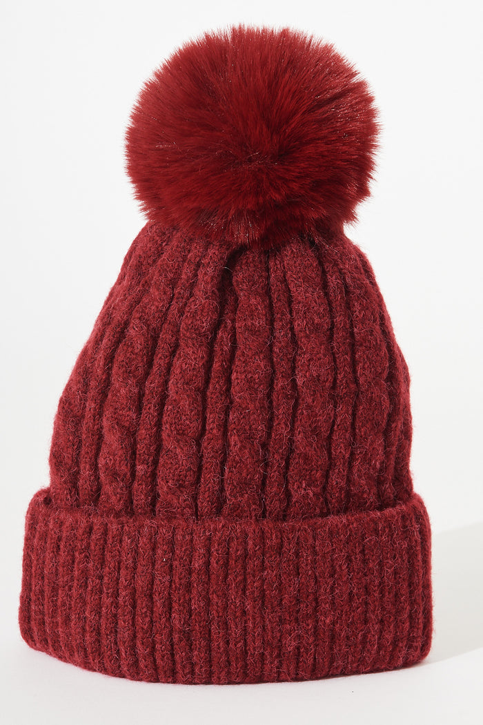 August + Delilah Trace Knit Beanie In Fuchsia With Pom Pom - flatlay