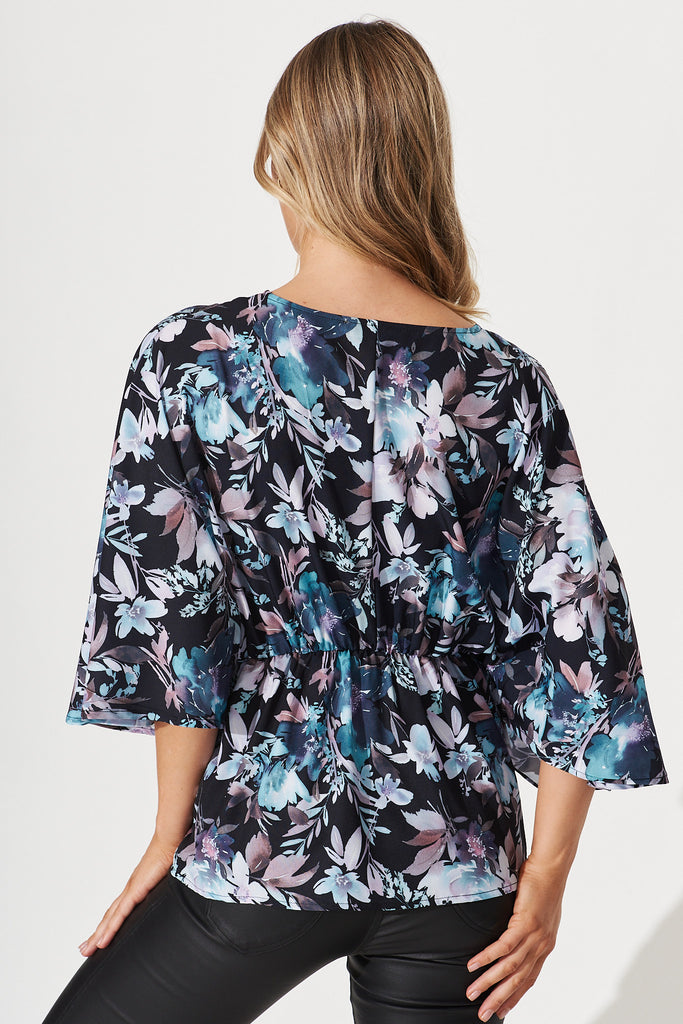 Leia Top In Black With Blue Floral Satin - back