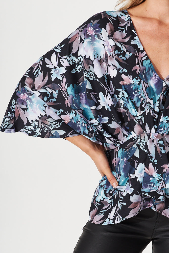 Leia Top In Black With Blue Floral Satin - detail