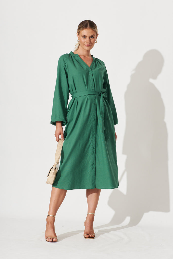 Castleton Midi Shirt Dress In Dark Green Linen - full length