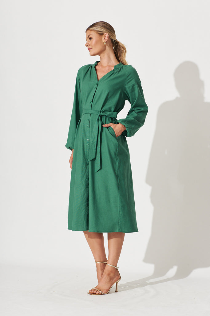 Castleton Midi Shirt Dress In Dark Green Linen - side