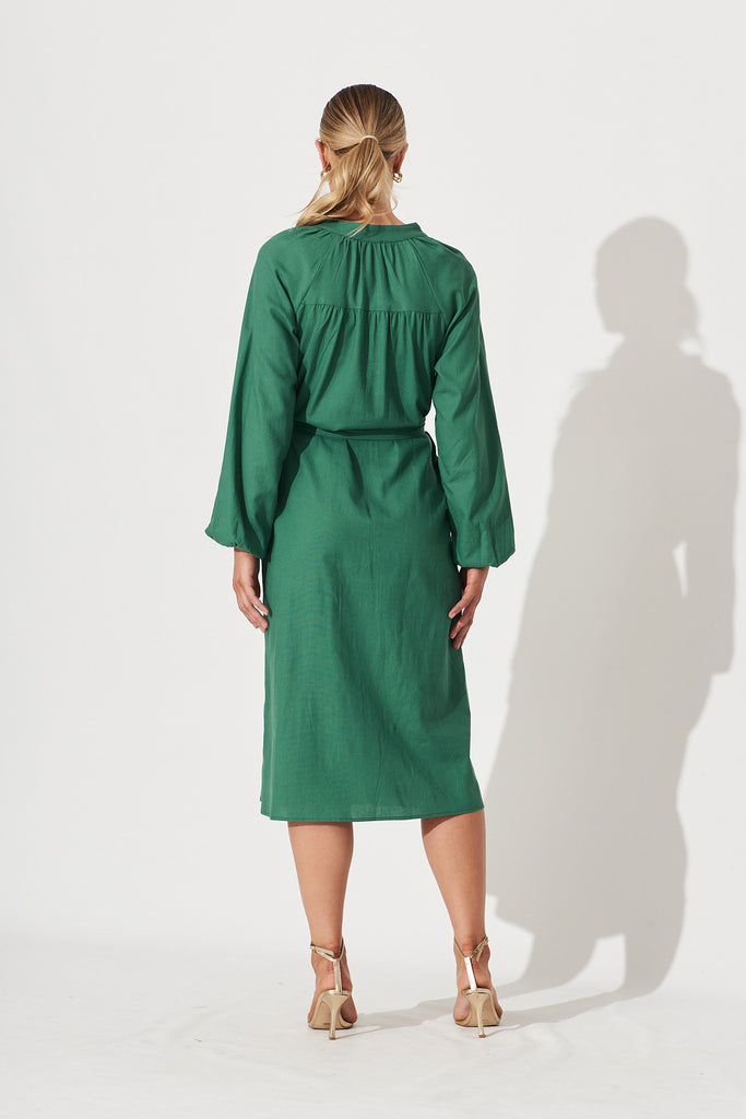 Castleton Midi Shirt Dress In Dark Green Linen - back
