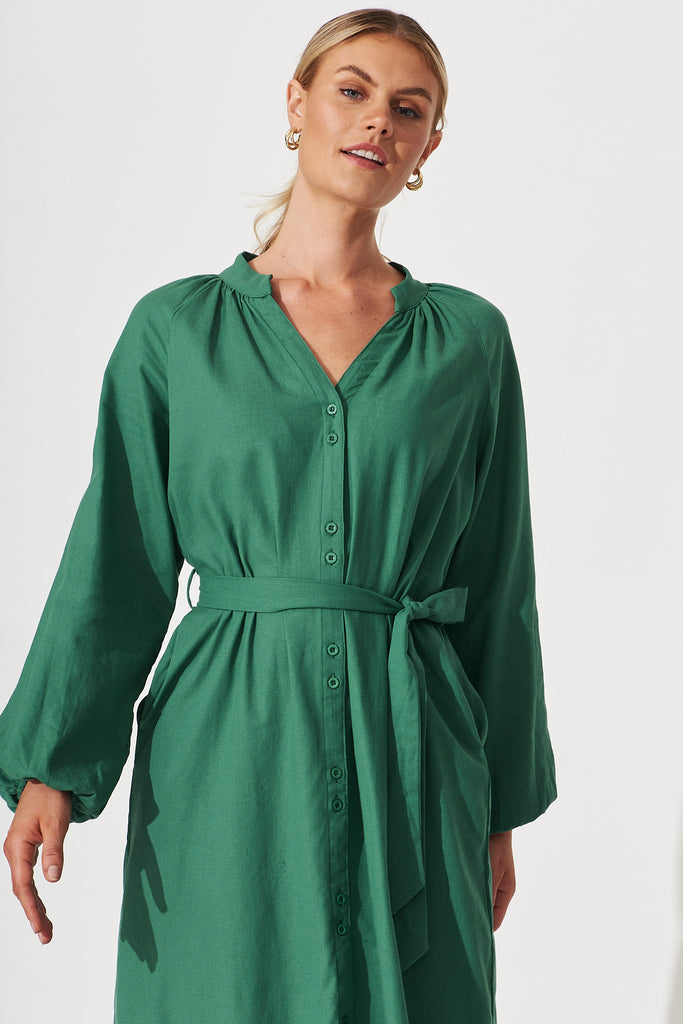 Castleton Midi Shirt Dress In Dark Green Linen - front