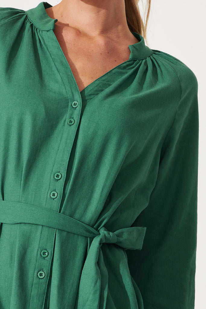 Castleton Midi Shirt Dress In Dark Green Linen - detail