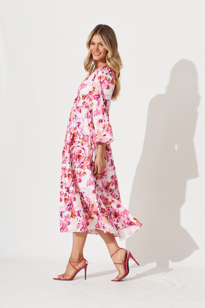 Karan Maxi Dress In White With Pink And Purple Floral - side