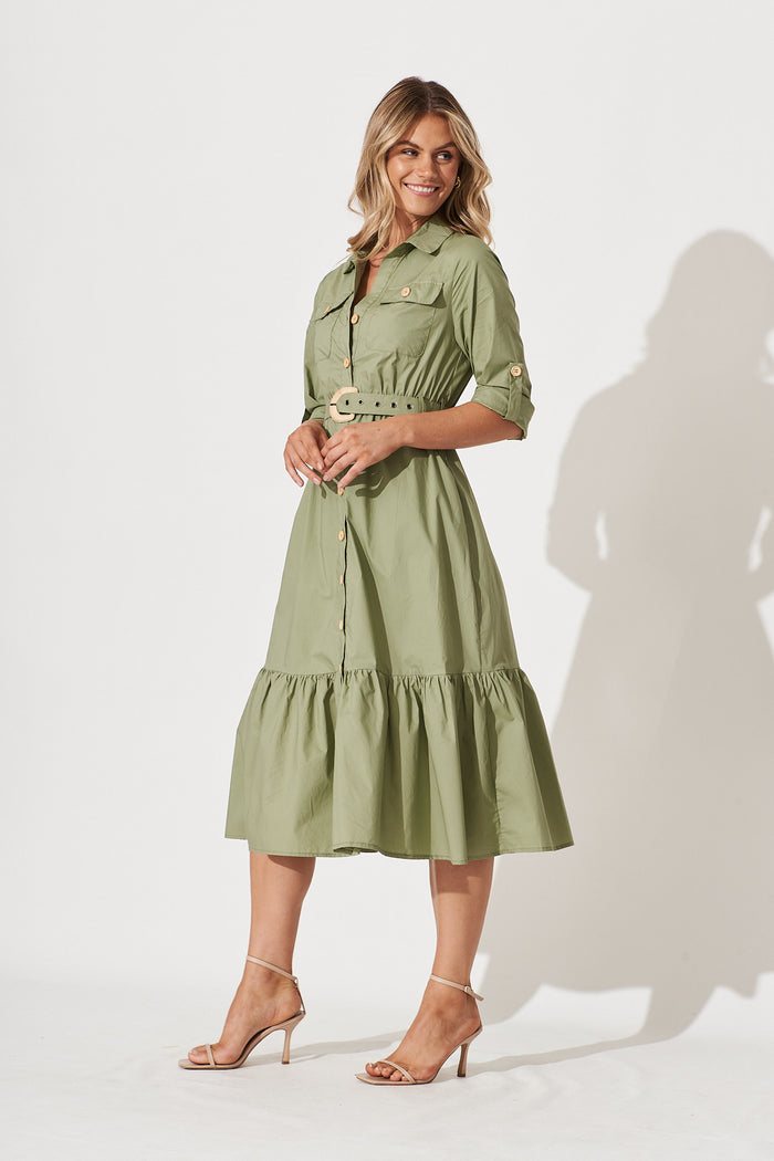 Cornellie Midi Shirt Dress In Khaki Cotton - side