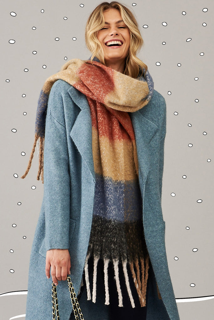 Brooklyn Oversized Knit Scarf In Red And Blue Check