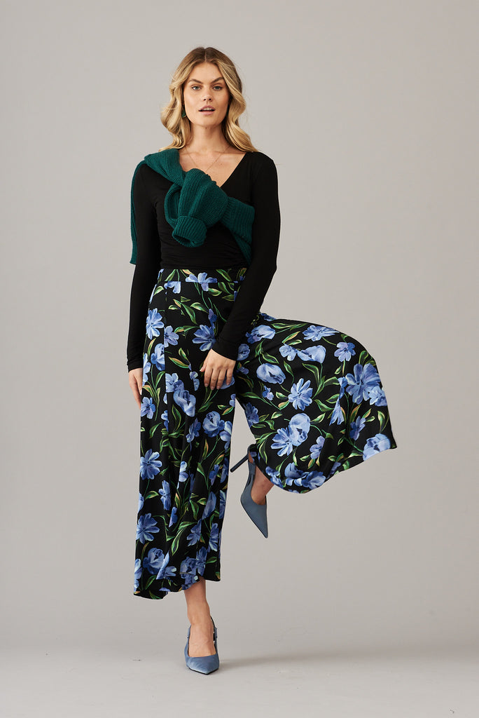 Sugary Pants In Black With Blue Floral