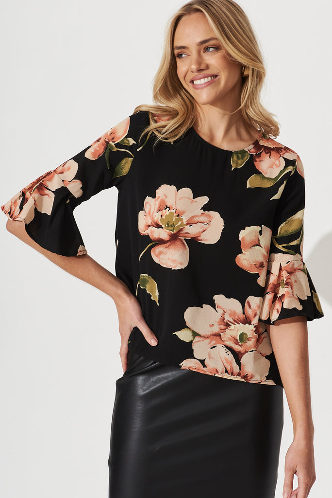 Tai Top In Black With Blush Floral Bubble Crepe - front