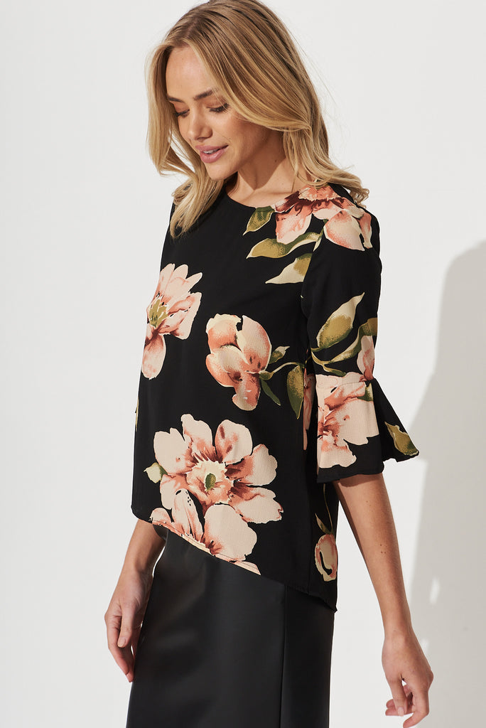 Tai Top In Black With Blush Floral Bubble Crepe - side