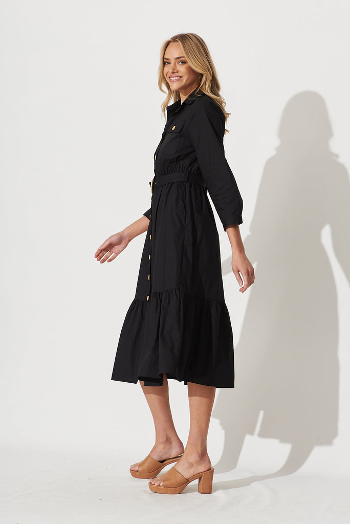 Cornellie Midi Shirt Dress In Black Cotton - side