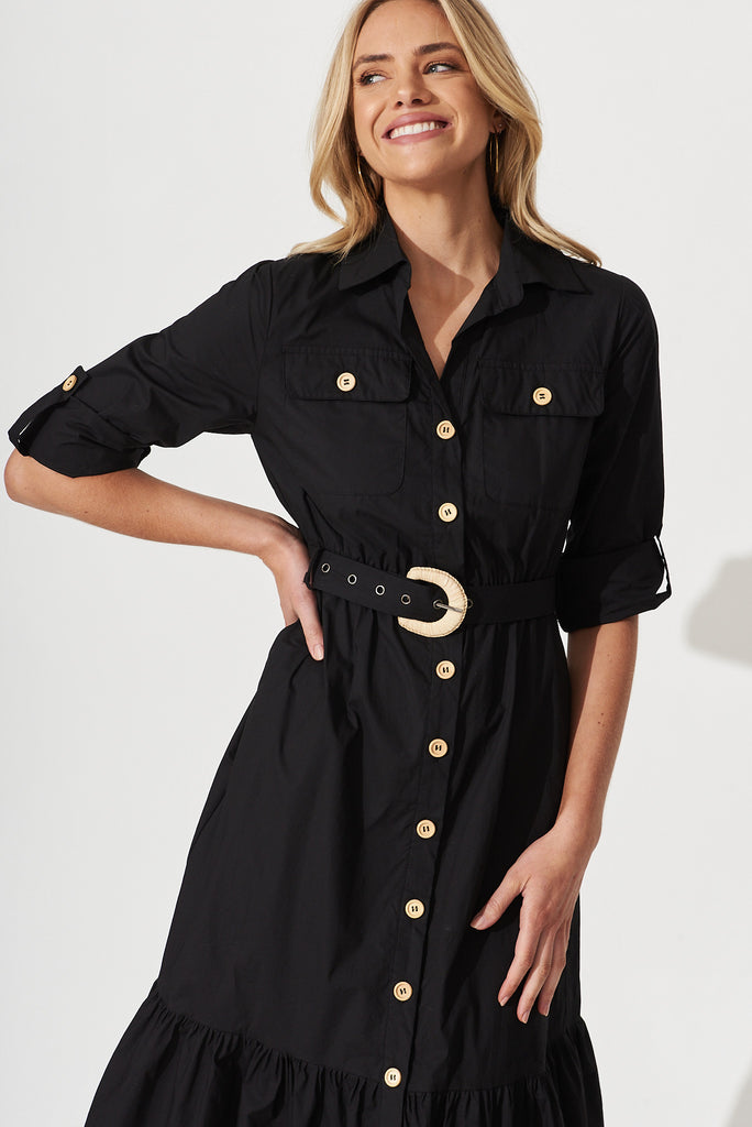 Cornellie Midi Shirt Dress In Black Cotton - front