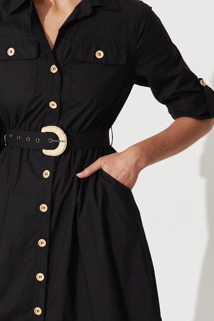 Cornellie Midi Shirt Dress In Black Cotton - detail