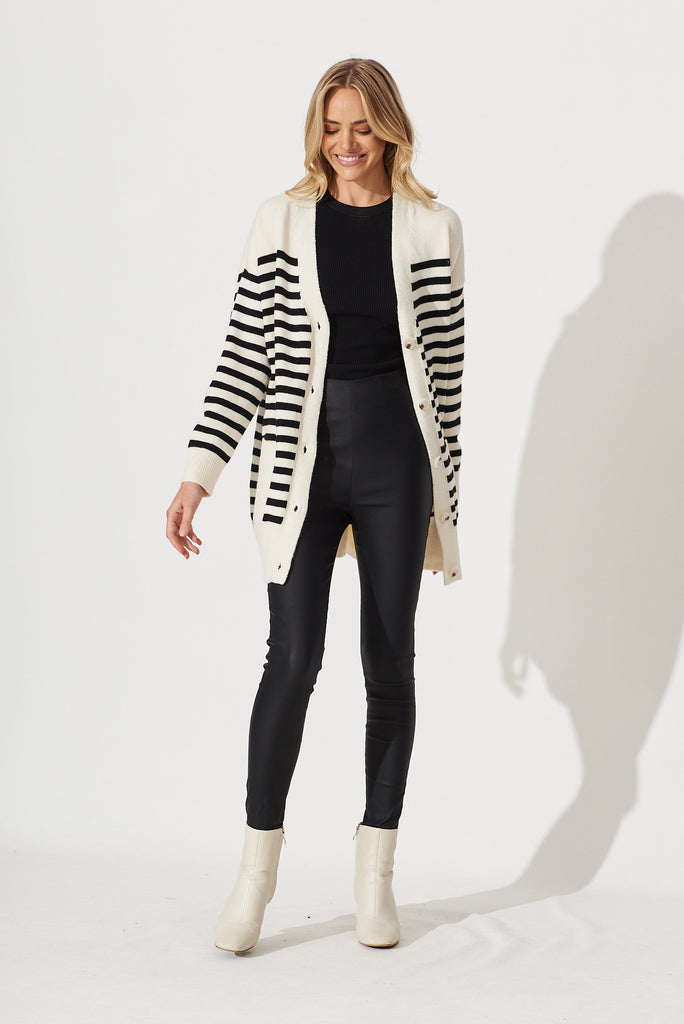 Jarvis Knit Cardigan In Beige With Black Stripe Wool Blend - full length