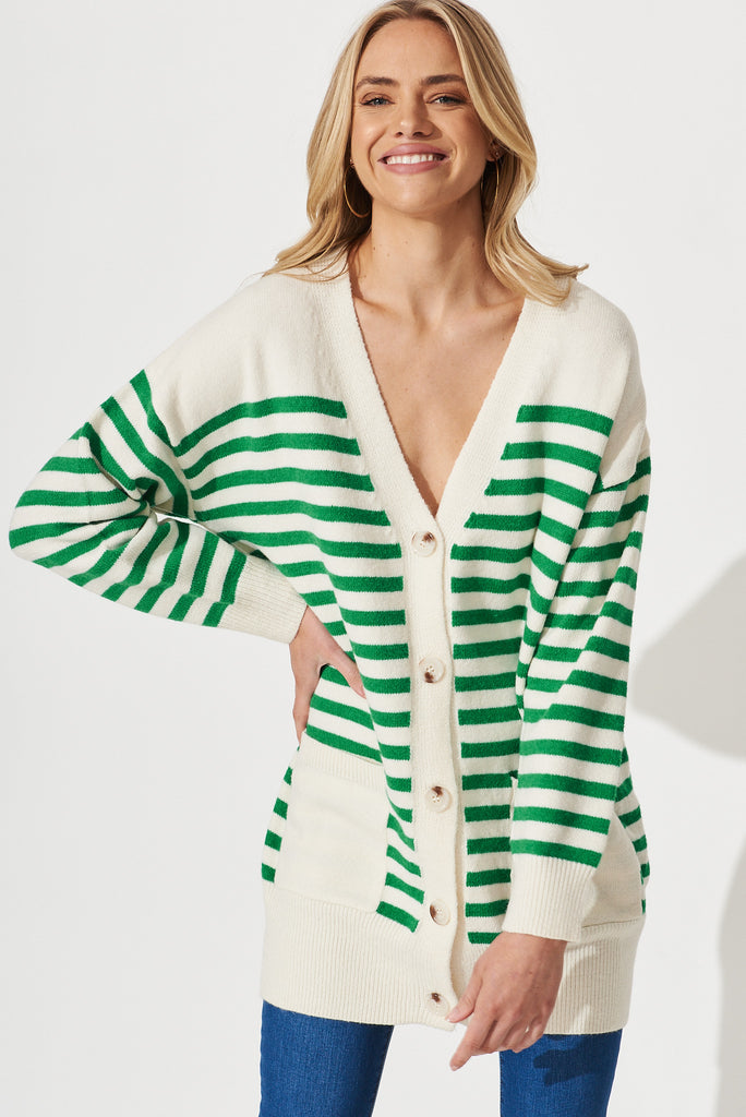 Jarvis Knit Cardigan In Beige With Green Stripe Wool Blend - front